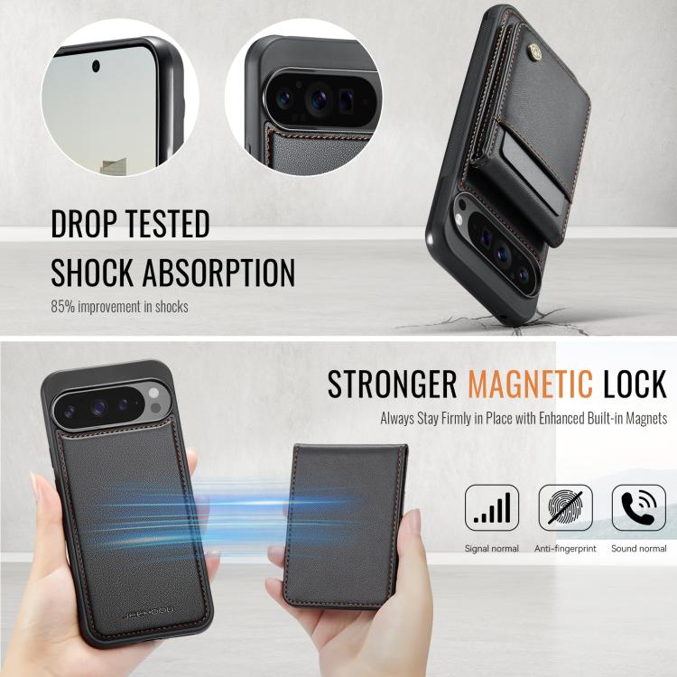 For Google Pixel 9 Pro XL JEEHOOD J06 British Style RFID MagSafe Card Bag PU Phone Case(Black)
