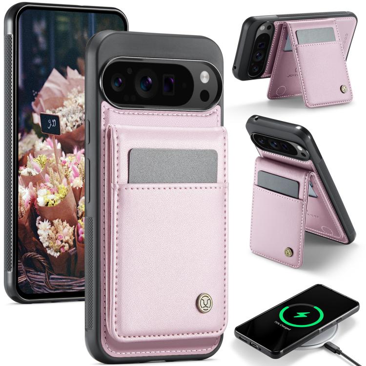 For Google Pixel 9 Pro XL JEEHOOD J06 British Style RFID MagSafe Card Bag PU Phone Case(Pink)