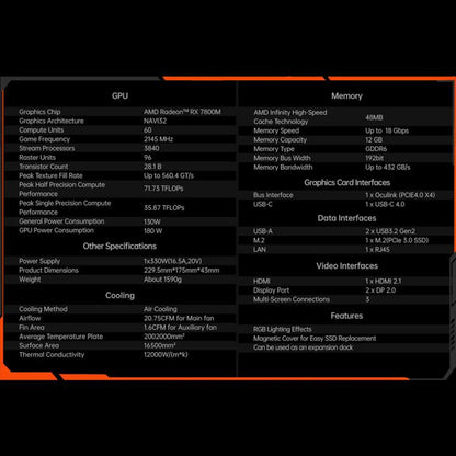 ONE-NETBOOK OneXGPU2 AMD Radeon RX 7800M 12 Go Station d'extension portable (prise UE)