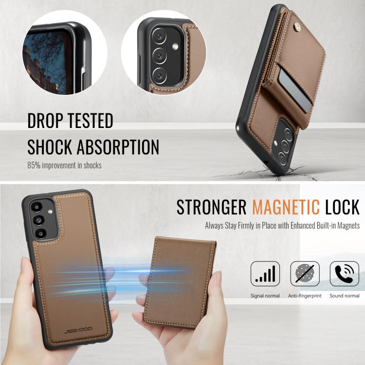 Pour Samsung Galaxy A13 4G JEEHOOD J06 Étui de téléphone en PU avec porte-cartes MagSafe et RFID style britannique (marron)