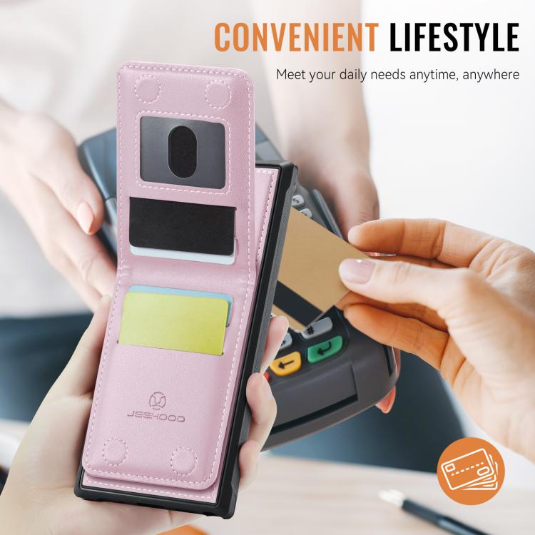 For Samsung Galaxy A13 4G JEEHOOD J06 British Style RFID MagSafe Card Bag PU Phone Case(Pink)