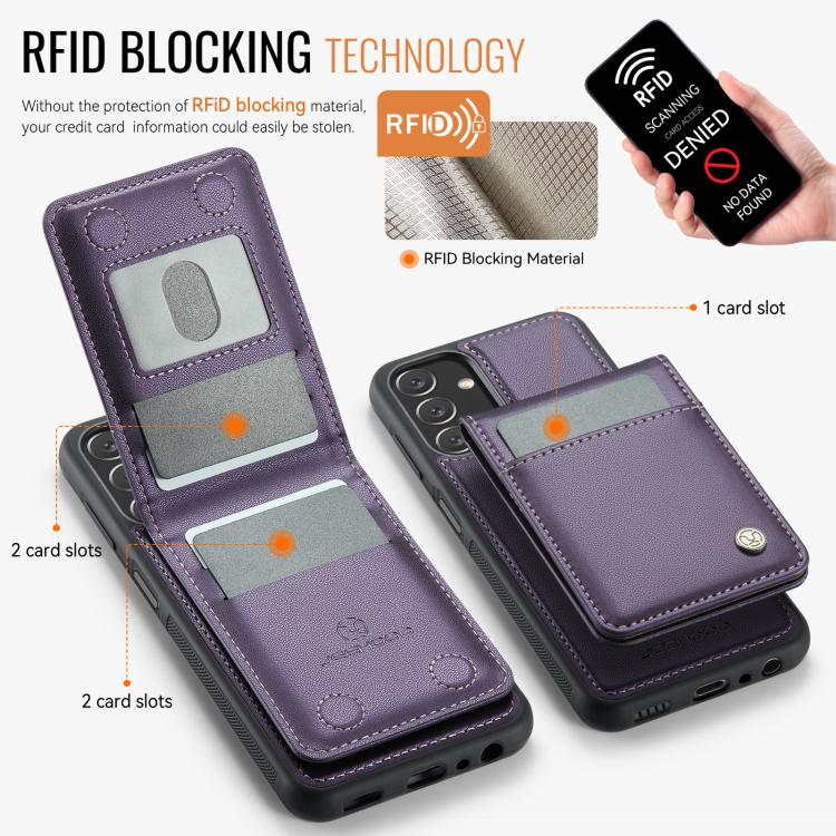Pour Samsung Galaxy A13 5G JEEHOOD J06 Étui de téléphone en PU avec porte-cartes MagSafe RFID style britannique (violet)