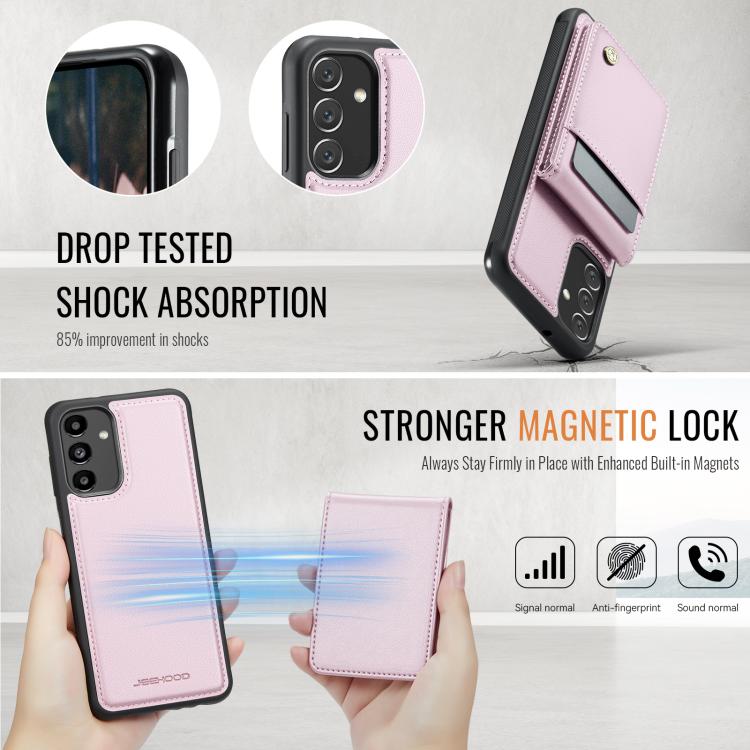 For Samsung Galaxy A13 5G JEEHOOD J06 British Style RFID MagSafe Card Bag PU Phone Case(Pink)