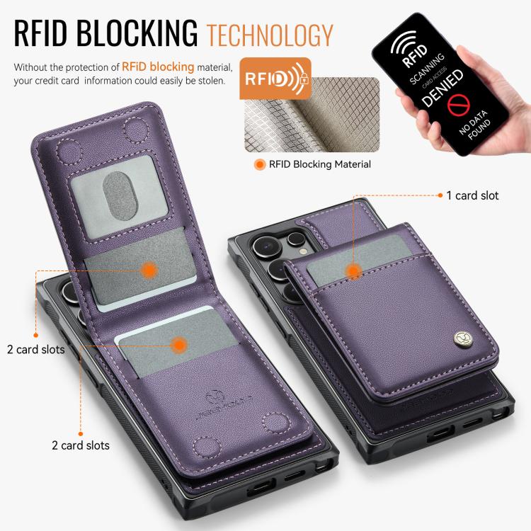 Pour Samsung Galaxy S24 Ultra 5G JEEHOOD J06 Housse de téléphone en cuir PU (violet) avec sac de cartes RFID MagSafe de style britannique