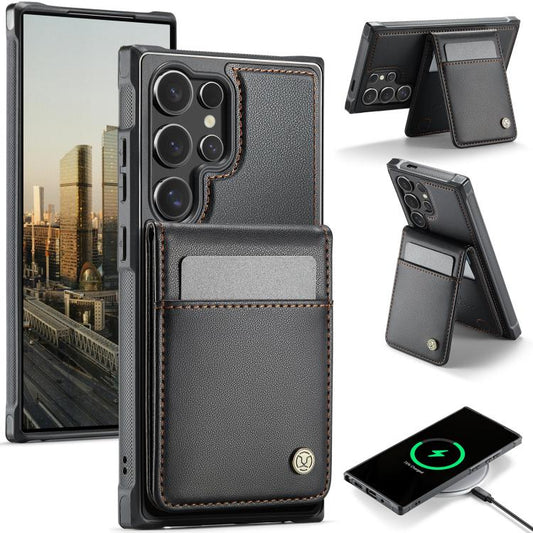 For Samsung Galaxy S25 Ultra 5G JEEHOOD J06 British Style RFID MagSafe Card Bag PU Phone Case(Black)