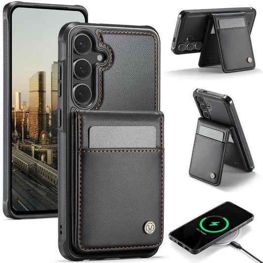 For Samsung Galaxy S25 5G JEEHOOD J06 British Style RFID MagSafe Card Bag PU Phone Case(Black)