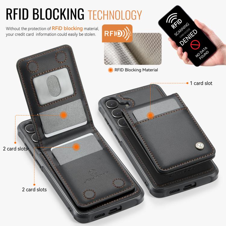 For Samsung Galaxy S25 5G JEEHOOD J06 British Style RFID MagSafe Card Bag PU Phone Case(Black)