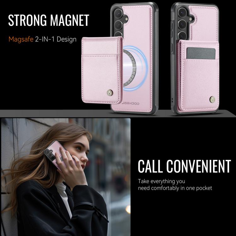 Pour Samsung Galaxy S25+ 5G JEEHOOD J06 Étui de Téléphone en PU Style Britannique RFID MagSafe Porte-Cartes (Rose)