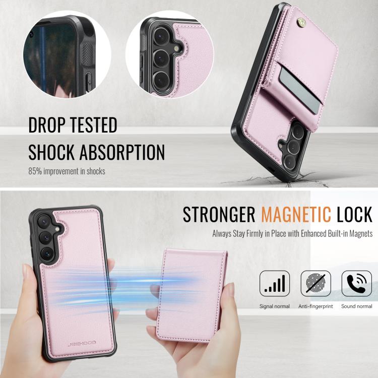 Pour Samsung Galaxy S24 5G JEEHOOD J06 Coque de Téléphone en PU avec Pochette RFID et MagSafe Style Britannique (Rose)