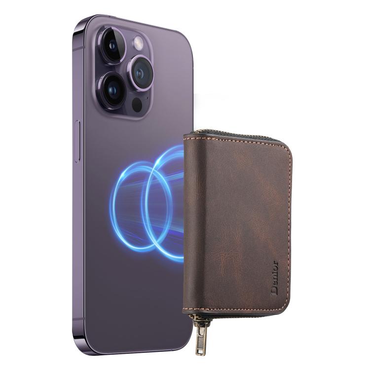 Étui Portefeuille Zippé Denior V17 MagSafe RFID effet Cuir avec Porte-Cartes (Marron)