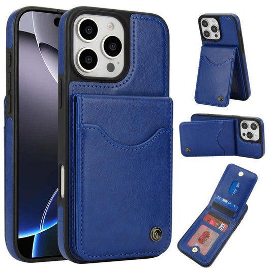 Pour iPhone 16 Pro Étui portefeuille en cuir avec fentes pour cartes et rabat vertical AwQuer (Bleu)