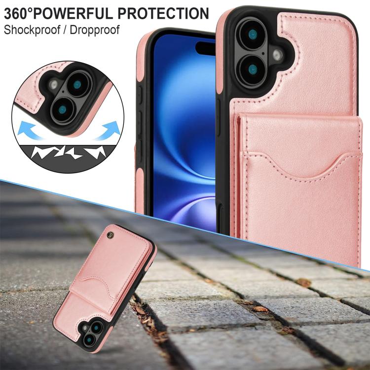 For iPhone 16 Plus AwQuer Vertical Flip Card Bag Holder Leather Phone Case(Rose Gold)
