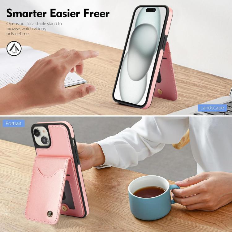 For iPhone 15 AwQuer Vertical Flip Card Bag Holder Leather Phone Case(Rose Gold)