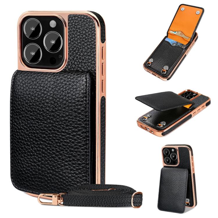 Pour iPhone 16 Pro Max VIETAO Housse de téléphone en PU avec texture litchi et cordon (Noir)