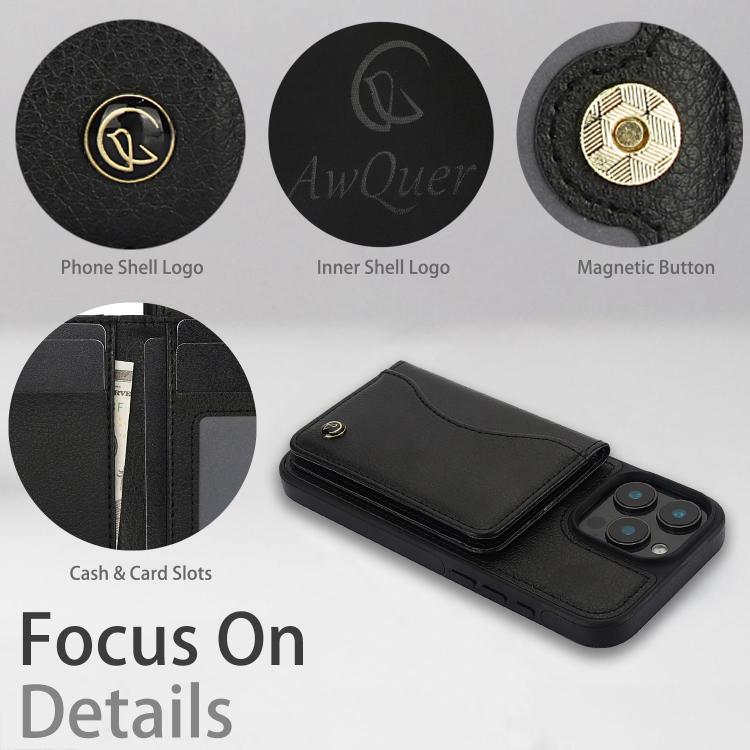 For iPhone 16 Pro Max AwQuer Horizontal Flip Card Bag Holder Leather Phone Case(Black)