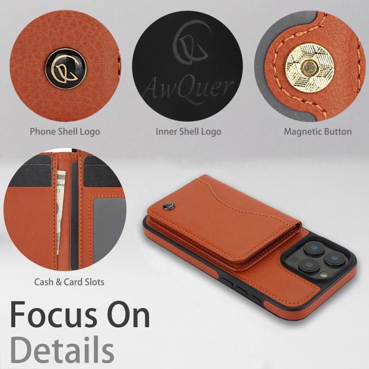 For iPhone 16 Pro Max AwQuer Horizontal Flip Card Bag Holder Leather Phone Case(Brown)