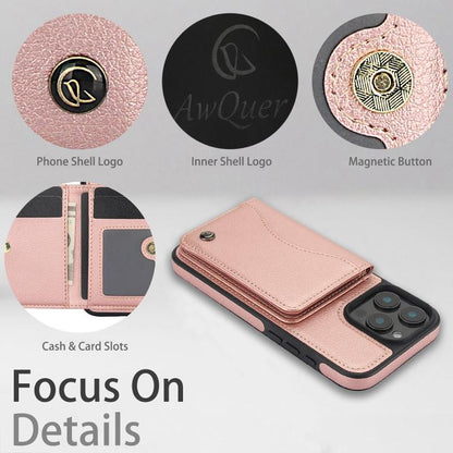 For iPhone 16 Pro Max AwQuer Horizontal Flip Card Bag Holder Leather Phone Case(Rose Gold)