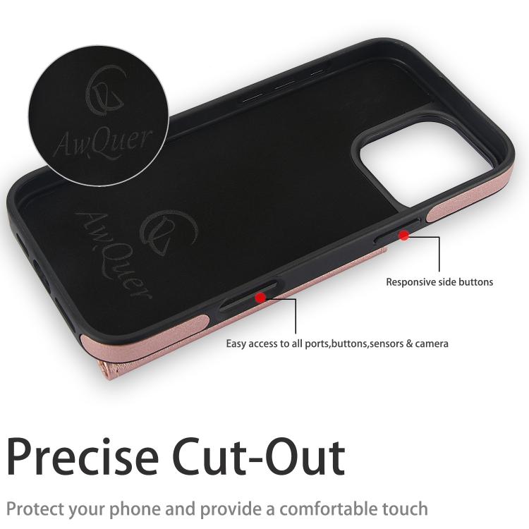 For iPhone 16 Pro Max AwQuer Horizontal Flip Card Bag Holder Leather Phone Case(Rose Gold)