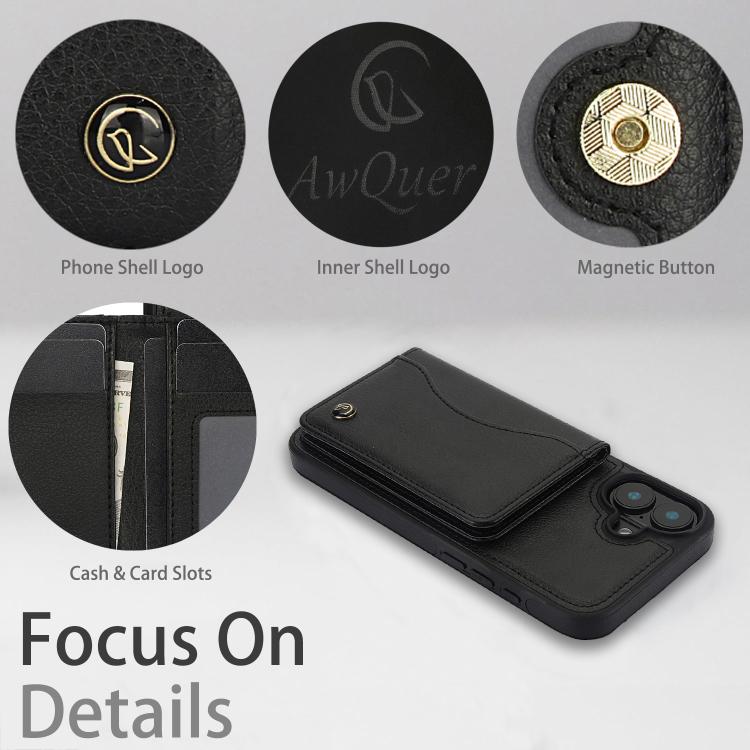 For iPhone 16 Plus AwQuer Horizontal Flip Card Bag Holder Leather Phone Case(Black)