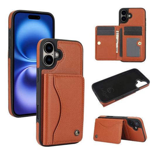 For iPhone 16 Plus AwQuer Horizontal Flip Card Bag Holder Leather Phone Case(Brown)