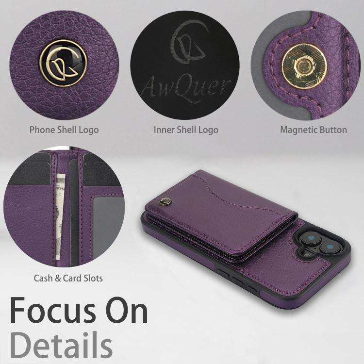 For iPhone 16 Plus AwQuer Horizontal Flip Card Bag Holder Leather Phone Case(Dark Purple)