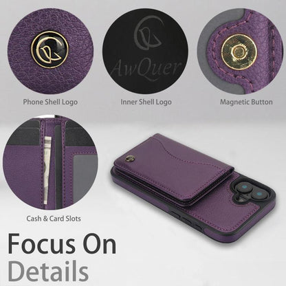 For iPhone 16 Plus AwQuer Horizontal Flip Card Bag Holder Leather Phone Case(Dark Purple)