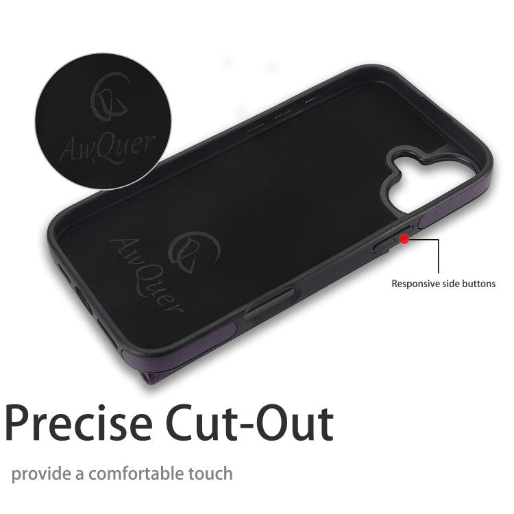 For iPhone 16 Plus AwQuer Horizontal Flip Card Bag Holder Leather Phone Case(Dark Purple)