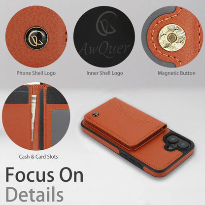 For iPhone 16 AwQuer Horizontal Flip Card Bag Holder Leather Phone Case(Brown)