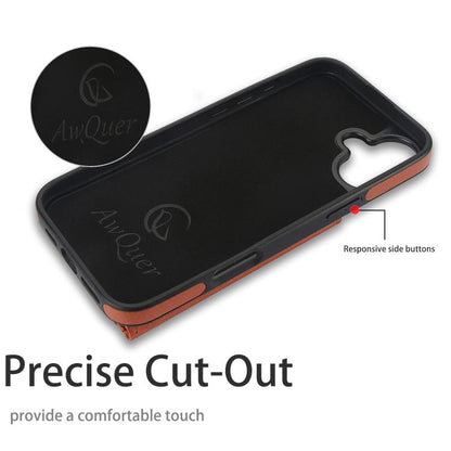 For iPhone 16 AwQuer Horizontal Flip Card Bag Holder Leather Phone Case(Brown)