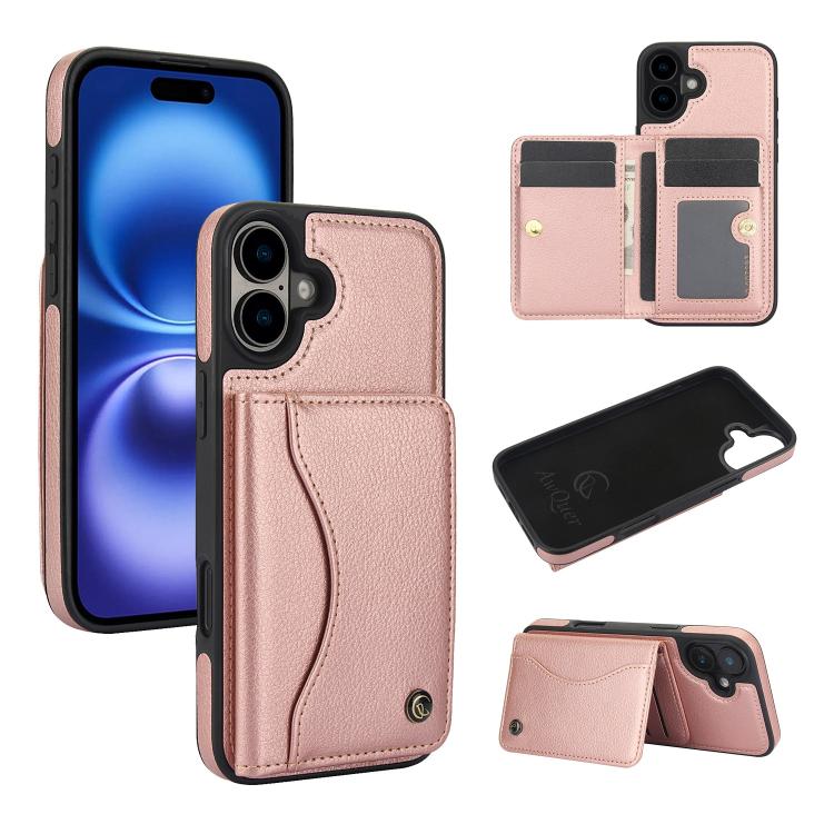 Pour iPhone 16 AwQuer Étui portefeuille à rabat horizontal en cuir (or rose)