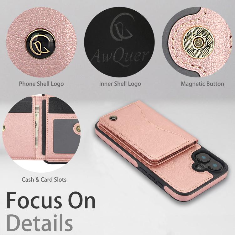 Pour iPhone 16 AwQuer Étui portefeuille à rabat horizontal en cuir (or rose)