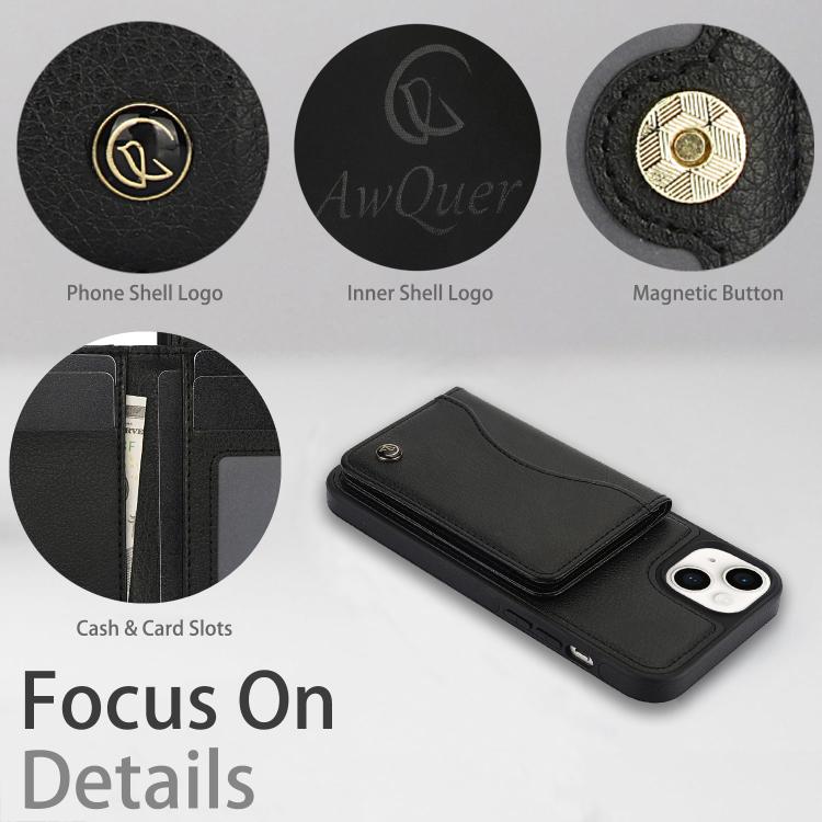 For iPhone 15 AwQuer Horizontal Flip Card Bag Holder Leather Phone Case(Black)