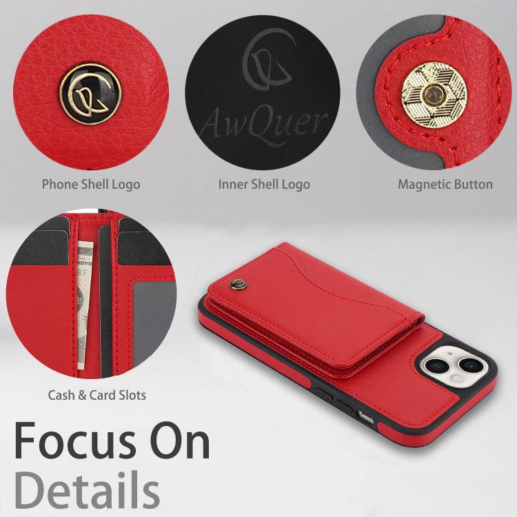 For iPhone 15 AwQuer Horizontal Flip Card Bag Holder Leather Phone Case(Red)