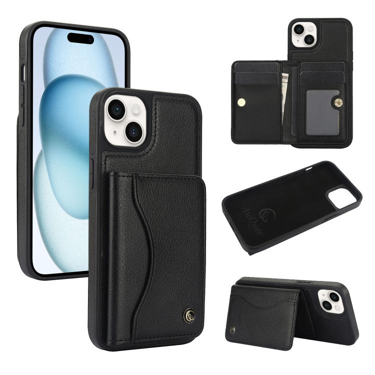 For iPhone 15 Plus AwQuer Horizontal Flip Card Bag Holder Leather Phone Case(Black)