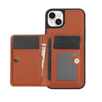 For iPhone 15 Plus AwQuer Horizontal Flip Card Bag Holder Leather Phone Case(Brown)