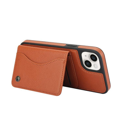 For iPhone 15 Plus AwQuer Horizontal Flip Card Bag Holder Leather Phone Case(Brown)