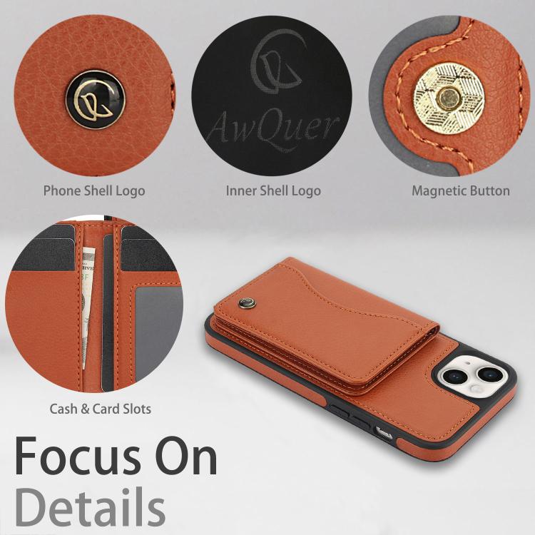 For iPhone 15 Plus AwQuer Horizontal Flip Card Bag Holder Leather Phone Case(Brown)