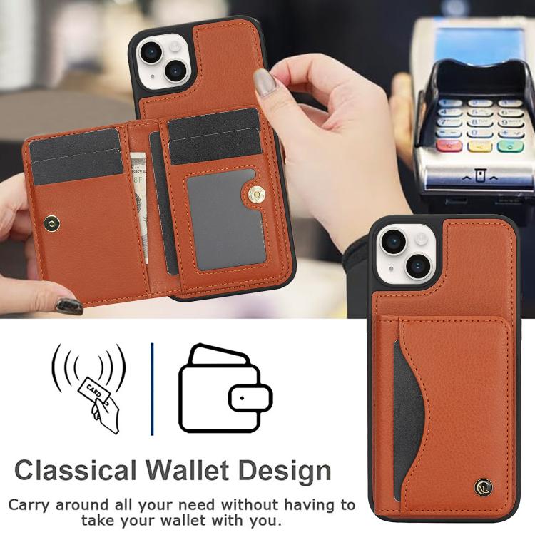 For iPhone 15 Plus AwQuer Horizontal Flip Card Bag Holder Leather Phone Case(Brown)
