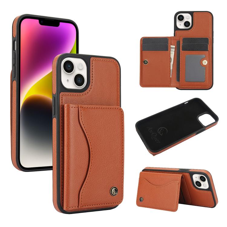 For iPhone 14 Plus AwQuer Horizontal Flip Card Bag Holder Leather Phone Case(Brown)