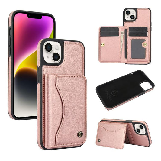 Pour iPhone 14 Plus AwQuer Horizontal Flip Card Bag Holder Étui de Téléphone en Cuir (Or Rose)