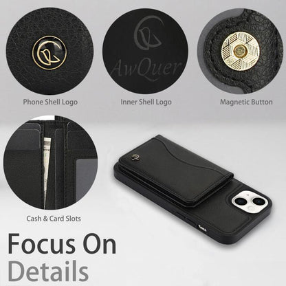 For iPhone 14 / 13 AwQuer Horizontal Flip Card Bag Holder Leather Phone Case(Black)