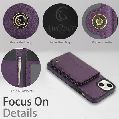 For iPhone 14 / 13 AwQuer Horizontal Flip Card Bag Holder Leather Phone Case(Dark Purple)