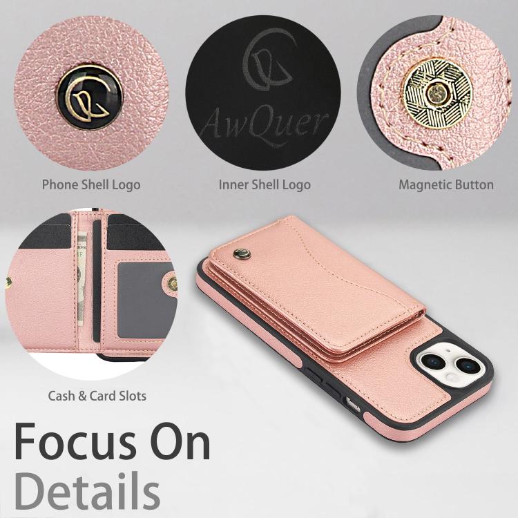For iPhone 14 / 13 AwQuer Horizontal Flip Card Bag Holder Leather Phone Case(Rose Gold)