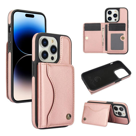Pour iPhone 14 Pro Max Étui de téléphone en cuir avec porte-cartes à rabat horizontal AwQuer (or rose)