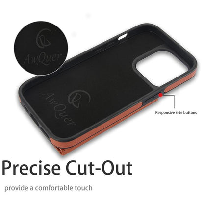 For iPhone 13 Pro Max AwQuer Horizontal Flip Card Bag Holder Leather Phone Case(Brown)