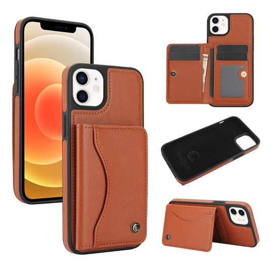 For iPhone 12 / 12 Pro AwQuer Horizontal Flip Card Bag Holder Leather Phone Case(Brown)