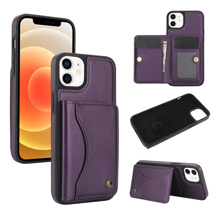 For iPhone 12 / 12 Pro AwQuer Horizontal Flip Card Bag Holder Leather Phone Case(Dark Purple)
