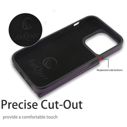 For iPhone 12 Pro Max AwQuer Horizontal Flip Card Bag Holder Leather Phone Case(Dark Purple)