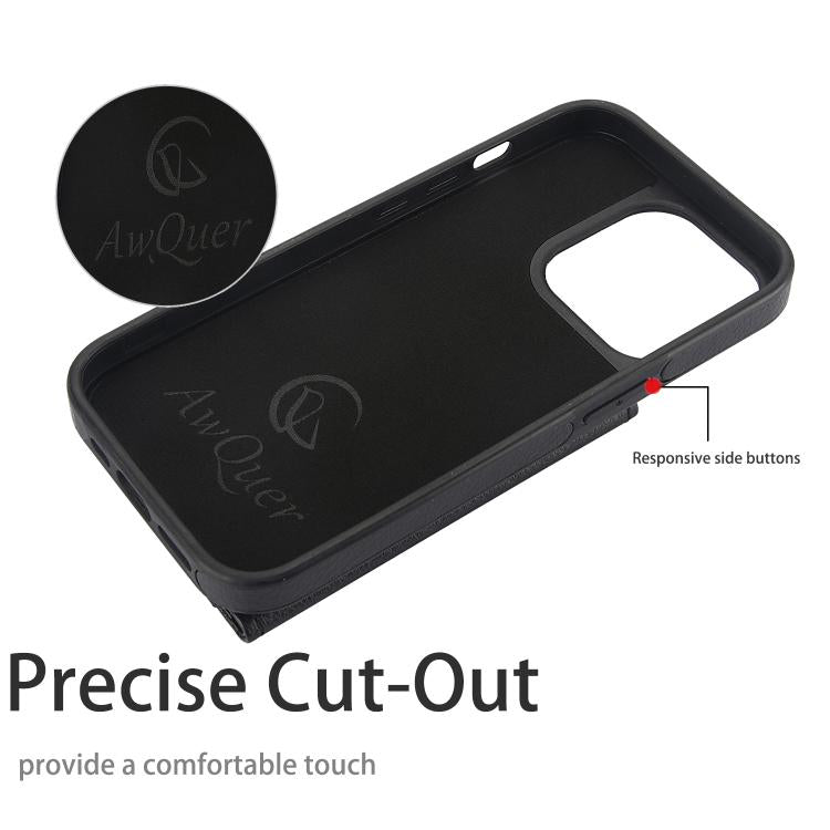 For iPhone 15 Pro AwQuer Horizontal Flip Card Bag Holder Leather Phone Case(Black)