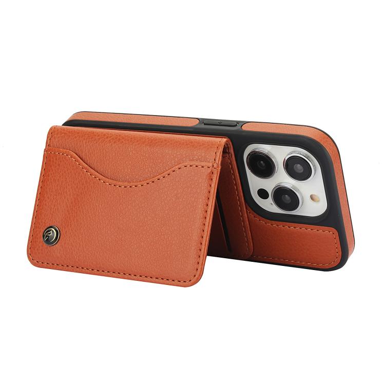 For iPhone 15 Pro AwQuer Horizontal Flip Card Bag Holder Leather Phone Case(Brown)